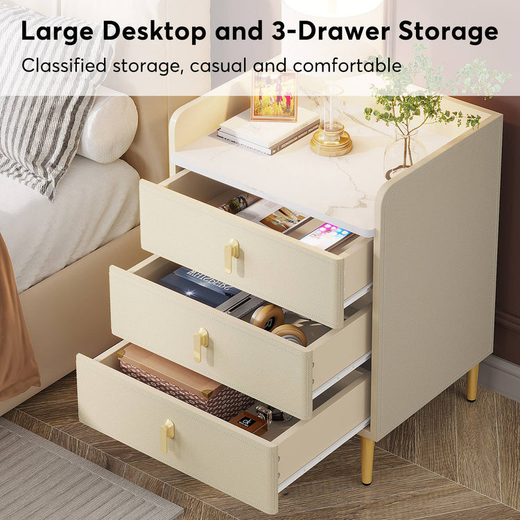 Nightstand with 3 Drawers, Modern Beside Table with Faux Marble Top Tribesigns