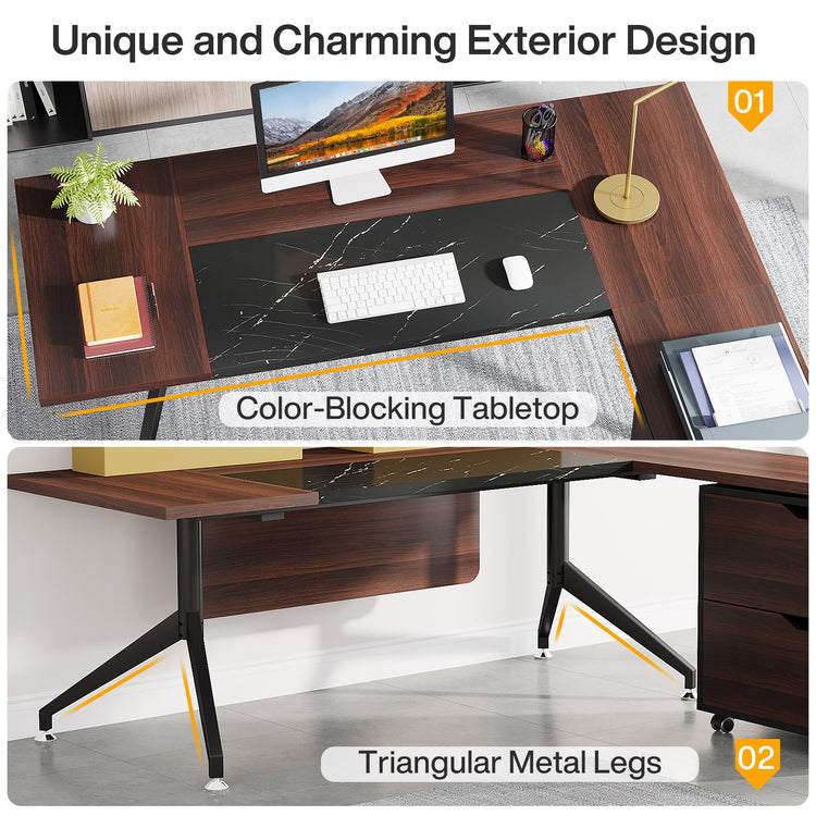 63" L-Shaped Desk, Corner Executive Computer Desk with File Cabinet Tribesigns