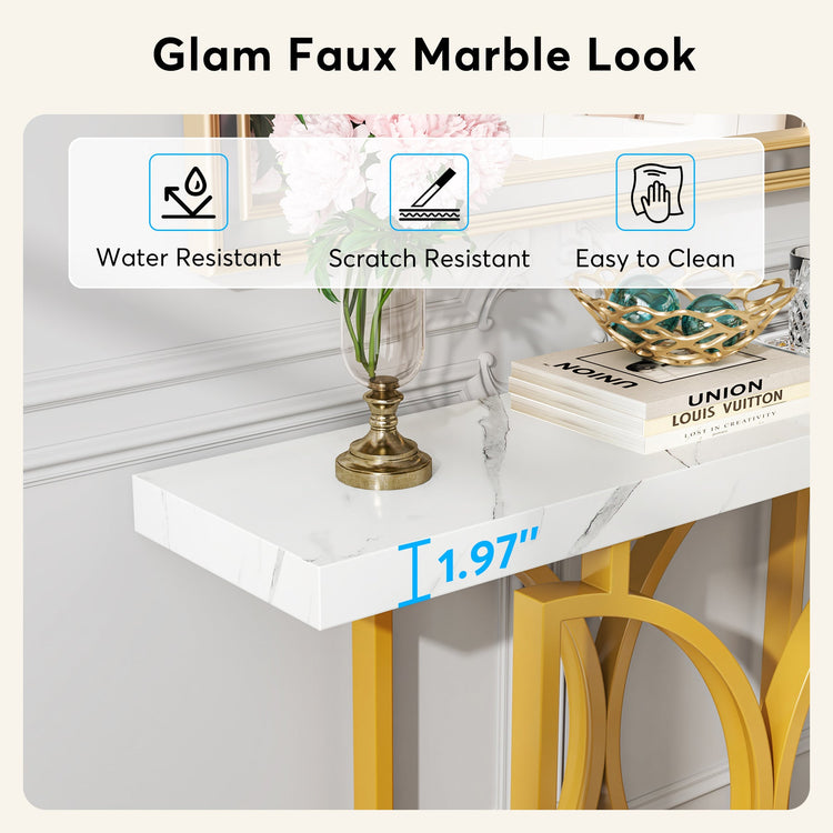 Console Table, Faux Marble Sofa Table with Double D-Shaped Metal Base Tribesigns