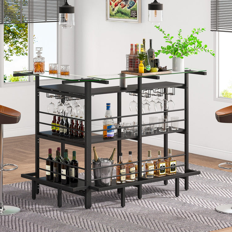Home Bar Unit, L Shaped Liquor Bar Table with Glass Counter Top Tribesigns