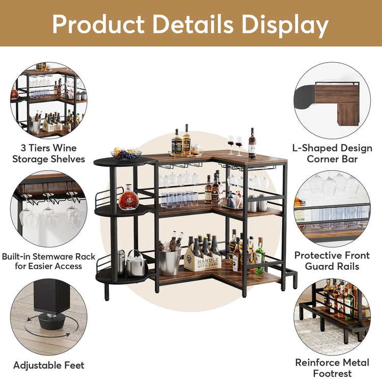 Home Bar Unit, 3-Tier L-Shaped Liquor Bar Table with Glass Holders Tribesigns