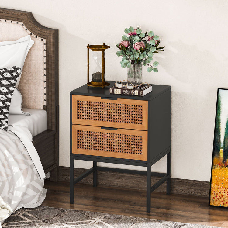Rattan Nightstand, Bedside Table with Handmade Vine Drawers Tribesigns