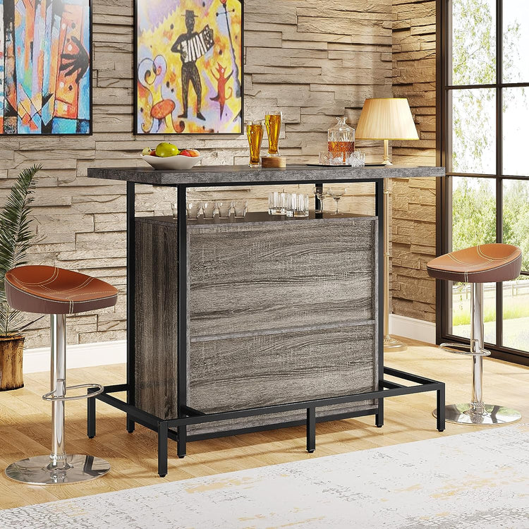 Home Bar Unit, Industrial 3-Tier Liquor Bar Table with Glasses Holder Tribesigns