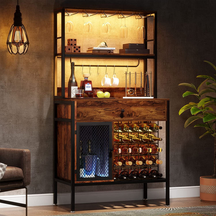 Wine Rack, 64" Wine Bar Cabinet with 6 Hooks & Drawer Tribesigns