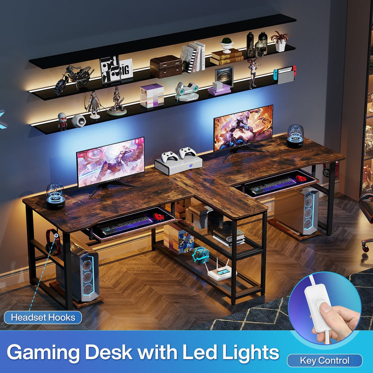 94.5" Two Person Desk, Double Computer Desk with Keyboard Tray & LED Lights Tribesigns