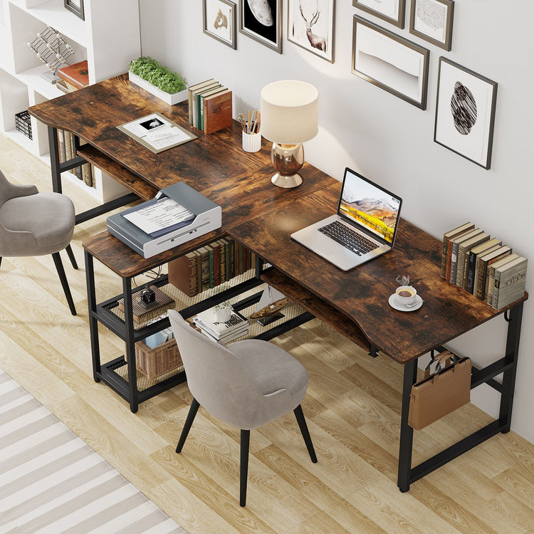 94.5" Two Person Desk, Double Computer Desk with Keyboard Tray & LED Lights Tribesigns