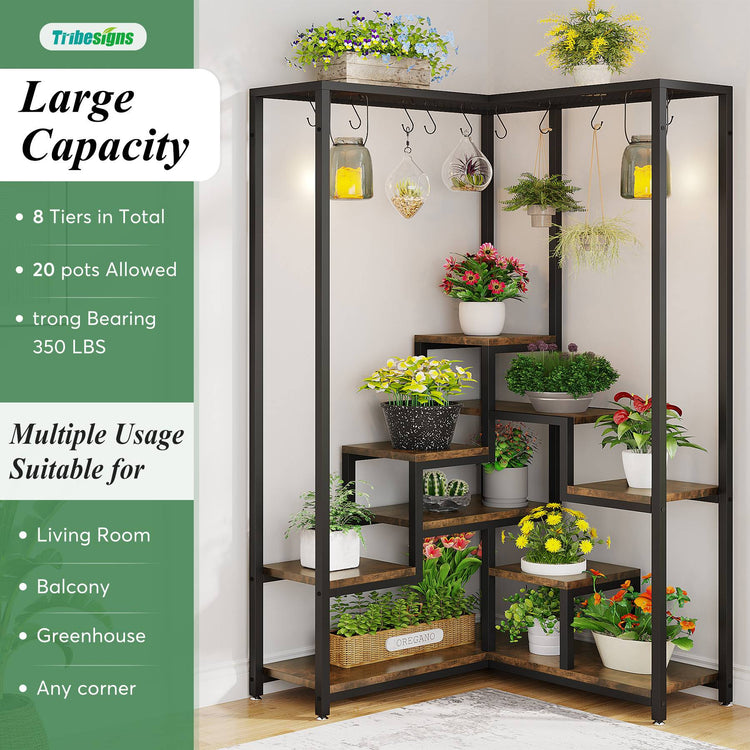 Corner Plant Stand, 70.9" Corner Flower Shelf with S Hanging Hooks Tribesigns