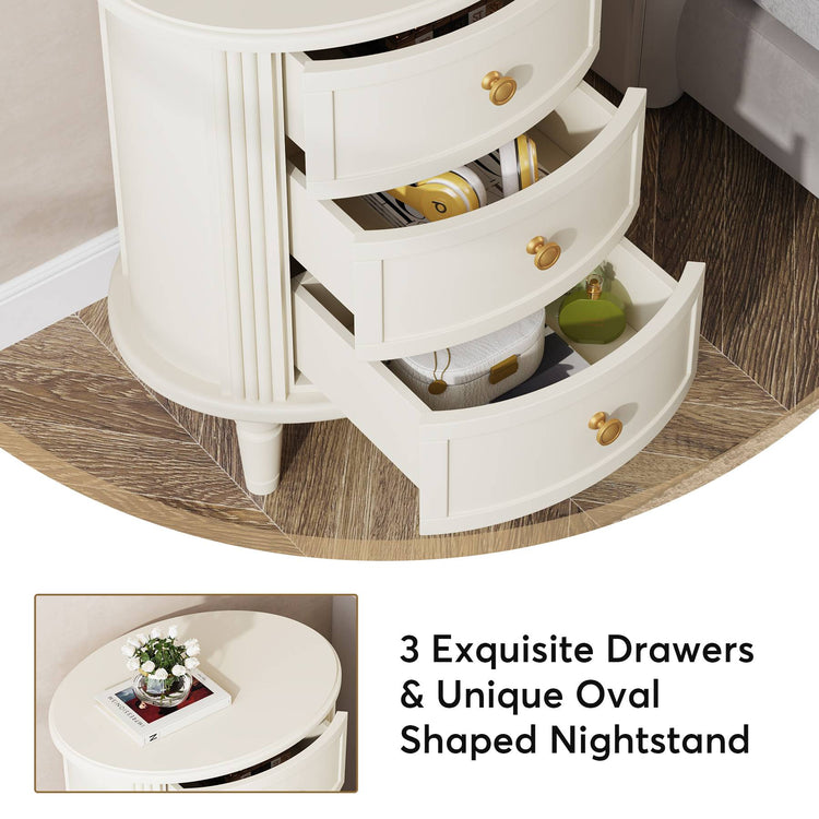 Nightstand, Off-White Bedside Table with 3 Drawers & Solid Wood Legs Tribesigns