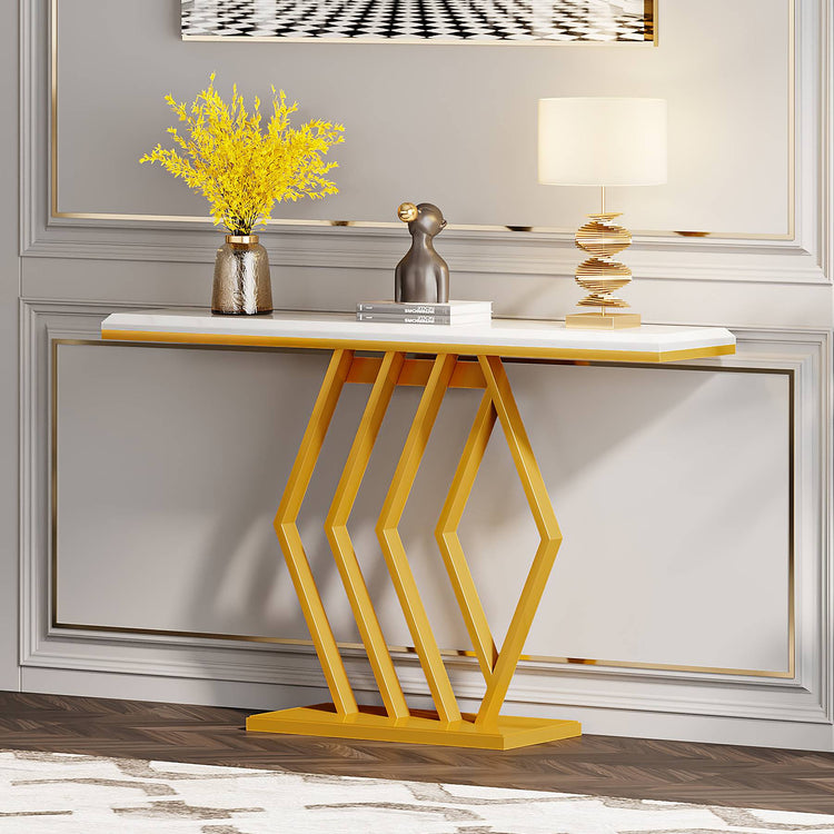Console Table, 47" Modern Faux Marble Sofa Table with Geometric Base Tribesigns