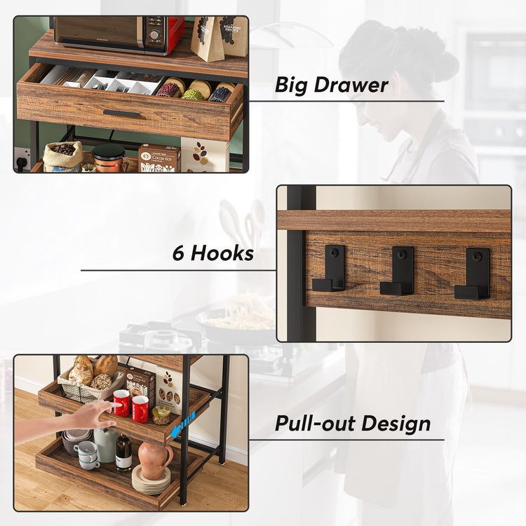 5-Tier Kitchen Baker's Rack with Power Outlets, Drawer & Sliding Shelves Tribesigns