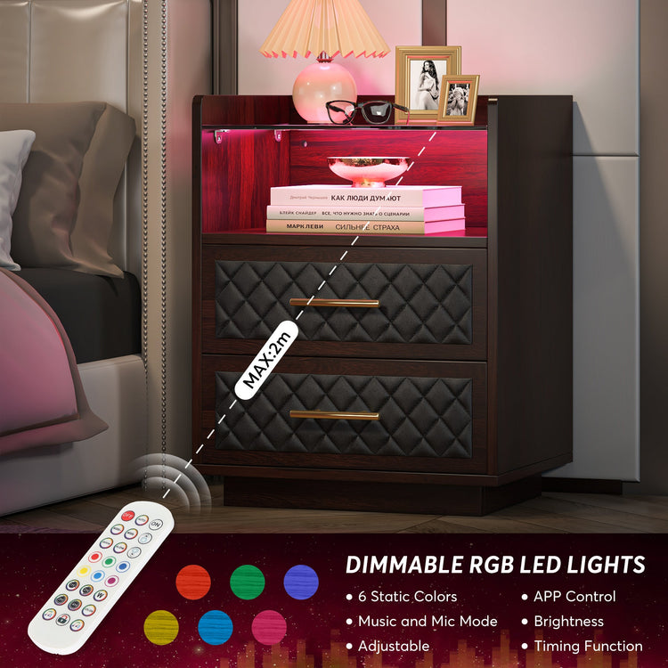 Nightstand, 2 Drawers Beside Table with LED Lights and Shelves Tribesigns