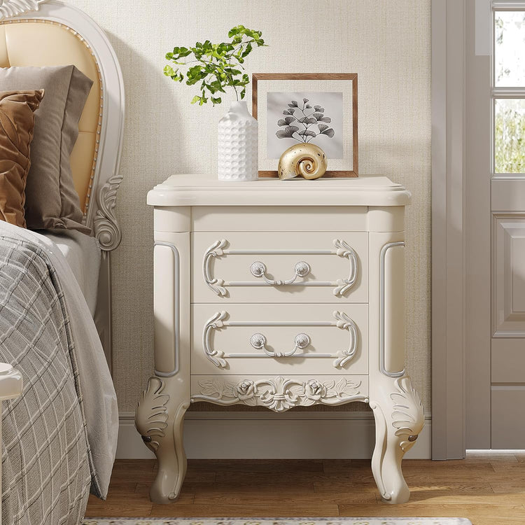 Carved Nightstand, White Bedside Table End Table with 2 Drawers Tribesigns
