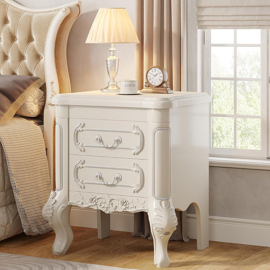 Carved Nightstand, White Bedside Table End Table with 2 Drawers Tribesigns