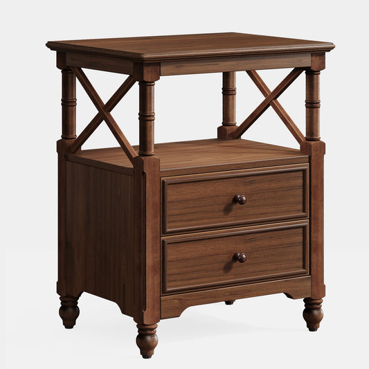 Farmhouse Nightstand, Bedside Table with 2 Drawers and Open Shelf Tribesigns
