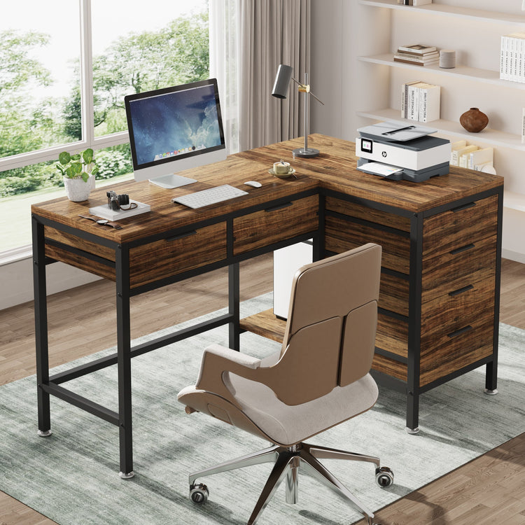 L-Shaped Desk with 6 Drawers, 47" Computer Corner Desk with Storage Tribesigns