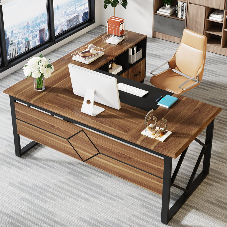 Large L-Shaped Desk, 63" Executive Computer Desk with File Cabinet Tribesigns