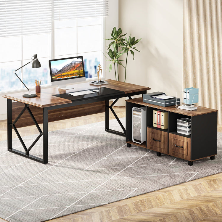 Large L-Shaped Desk, 63" Executive Computer Desk with File Cabinet Tribesigns