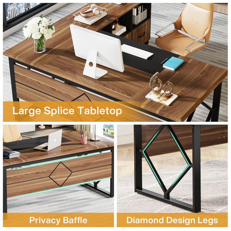 Large L-Shaped Desk, 63" Executive Computer Desk with File Cabinet Tribesigns