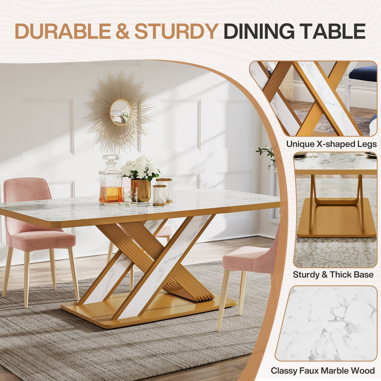 Modern Dining Table for 6, Rectangular 63" Kitchen Table with Faux Marble Top Tribesigns