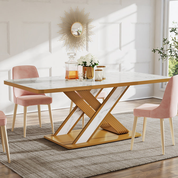 Modern Dining Table for 6, Rectangular 63" Kitchen Table with Faux Marble Top Tribesigns
