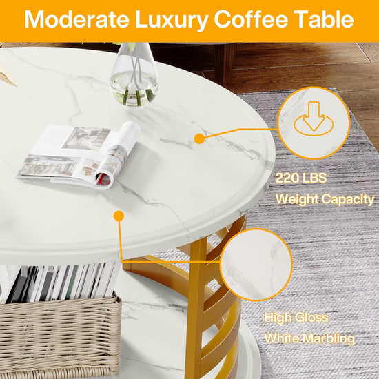 Round Coffee Table, 2-Tier Circle Cocktail Table with Faux Marble Top Tribesigns