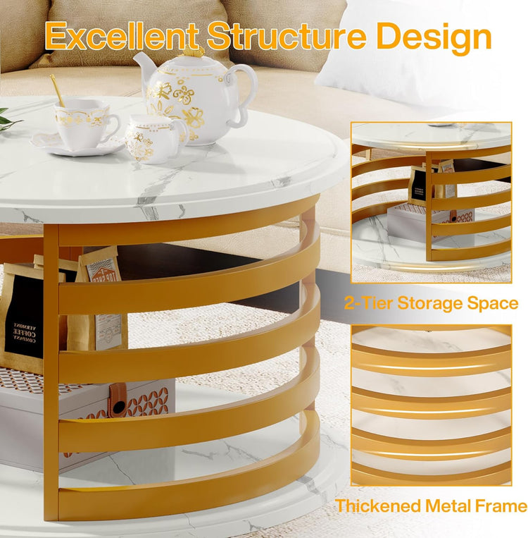 Round Coffee Table, 2-Tier Circle Cocktail Table with Faux Marble Top Tribesigns
