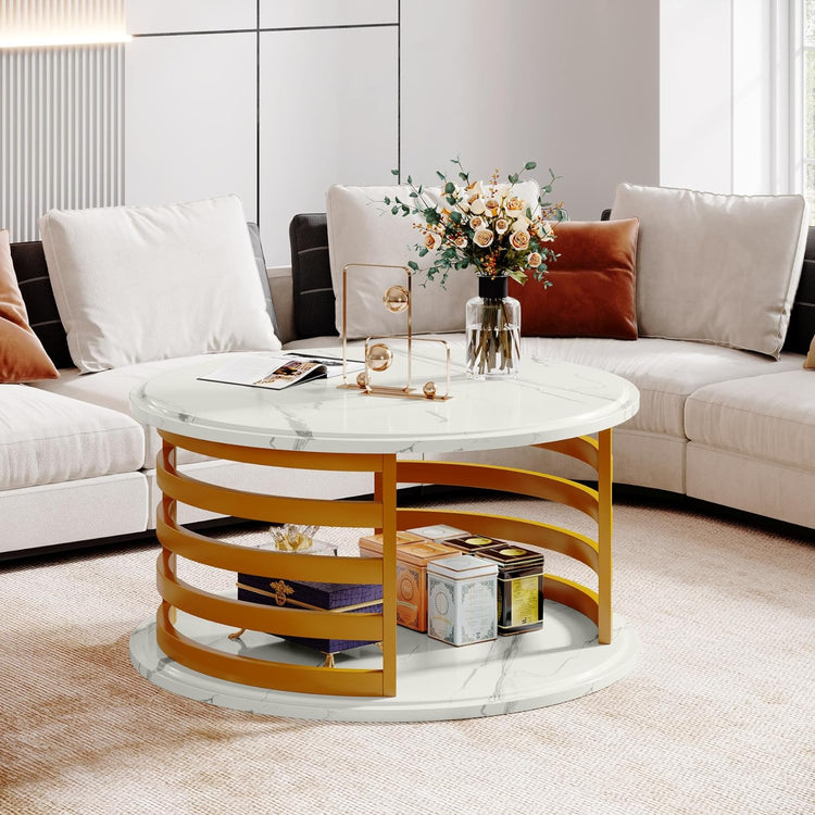 Round Coffee Table, 2-Tier Circle Cocktail Table with Faux Marble Top Tribesigns