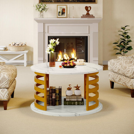 Round Coffee Table, 2-Tier Circle Cocktail Table with Faux Marble Top Tribesigns