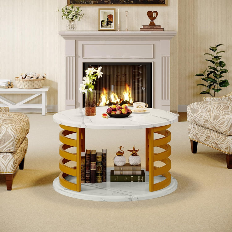 Round Coffee Table, 2-Tier Circle Cocktail Table with Faux Marble Top Tribesigns