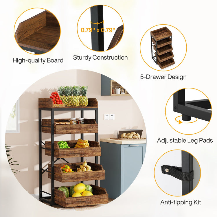 Wood Fruit and Vegetable Storage Rack Basket Stand with 5 Drawers Tribesigns