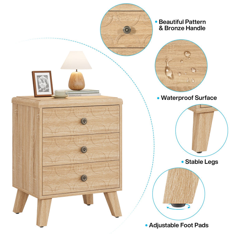 Wood Nightstand, 3-Drawer Bedside Table Modern End Table Tribesigns