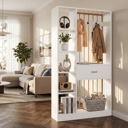 70.8" Room Divider with Storage Shelves, Drawer & Coat Rack, Freestanding Wood Partition Wall