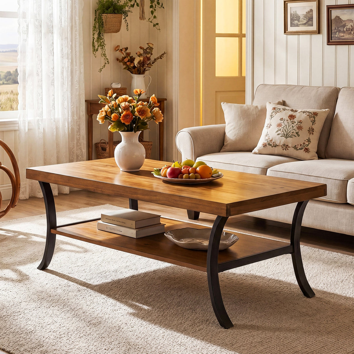 47.24" Solid Wood Coffee Table, 2-Tier Rectangular Center Table with Curved Metal Legs