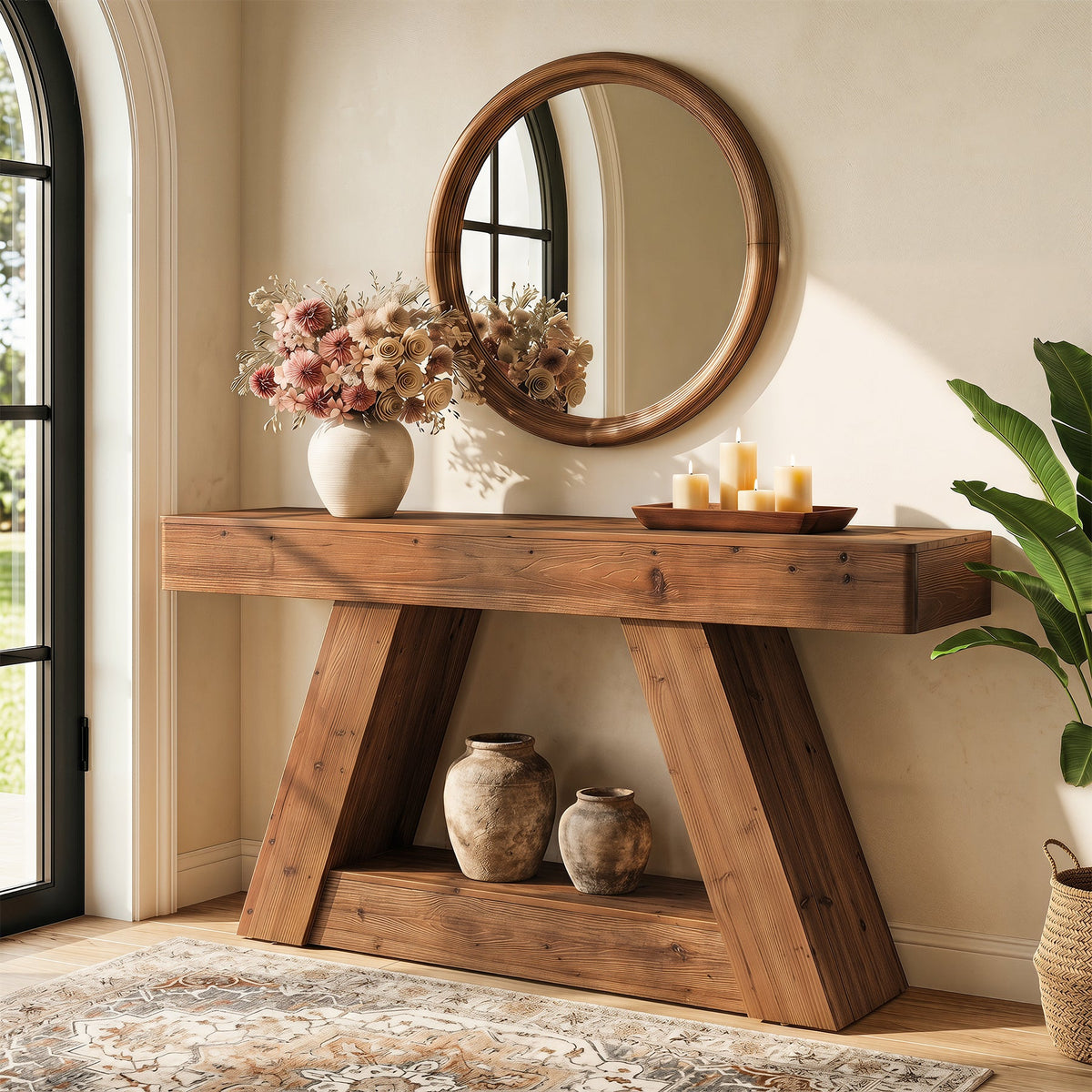 63” Solid Wood Console Table, Farmhouse Sofa Table Behind Couch with 2-Tier Storage for Hallway