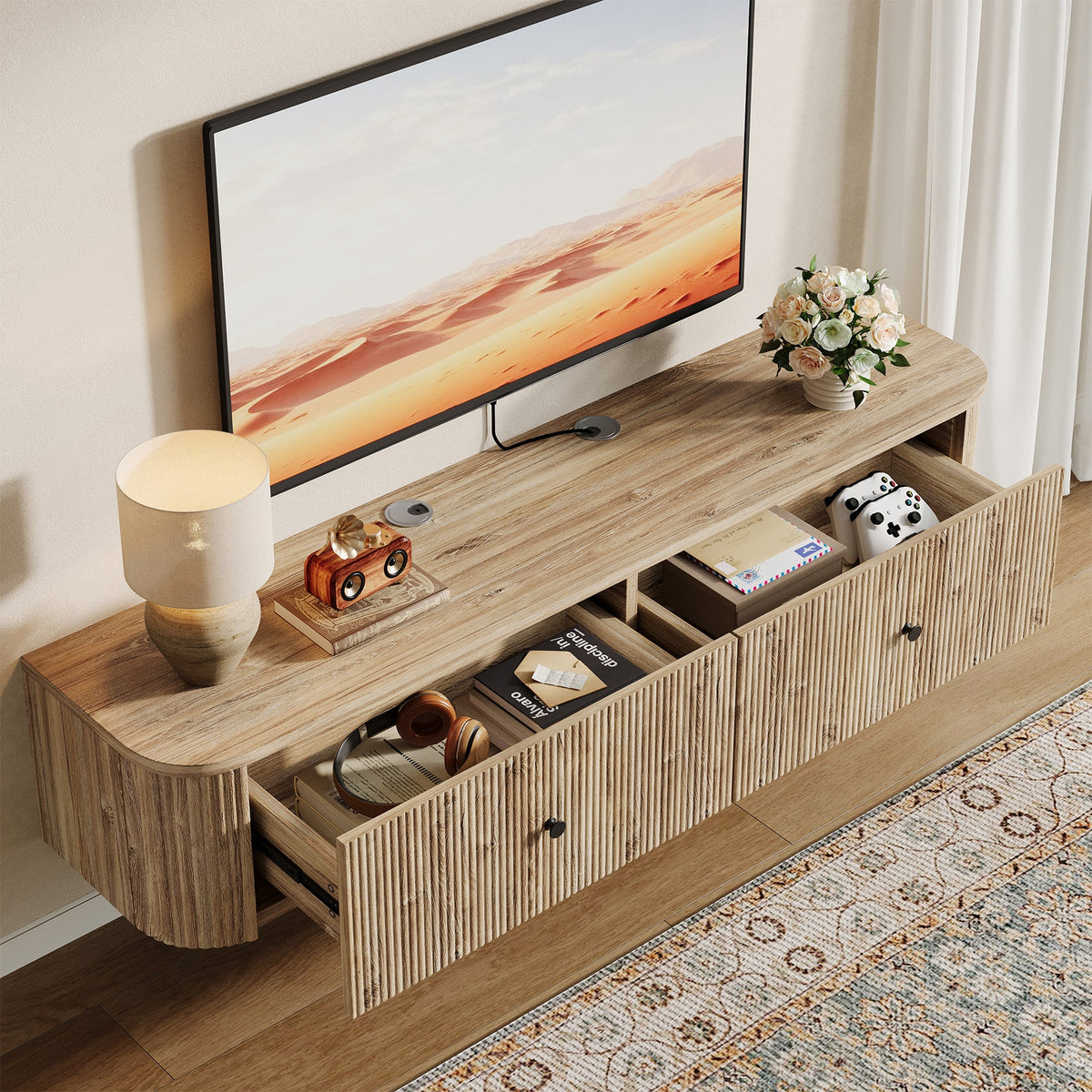 Floating TV Stand, 55" Wall Mounted Media Console with 2 Fluted Drawers