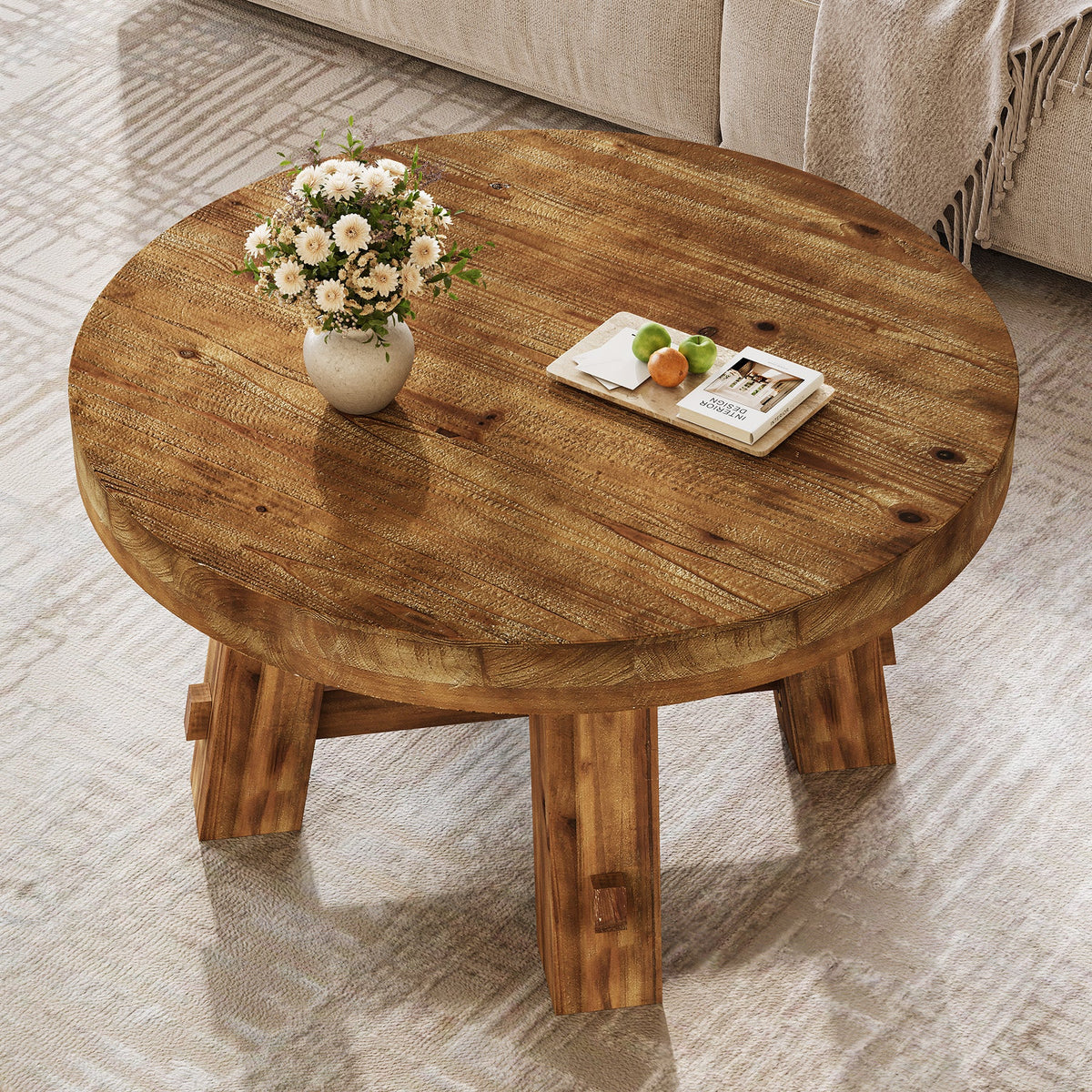 Solid Wood Coffee Table, 31.5" Round Center Table with Thickened Tabletop