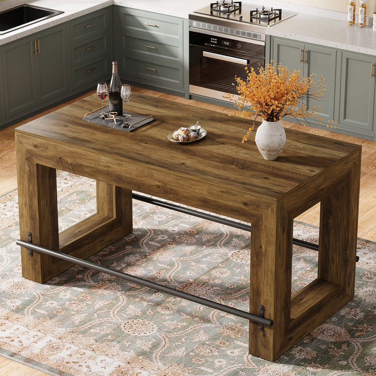 Counter Height Bar Table, 59" Pub Table With Metal Footrest For Dining Room