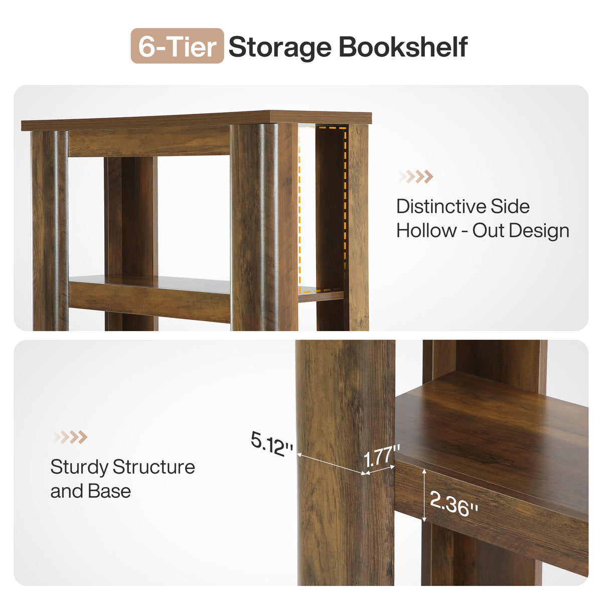 6-Tier Bookshelf, 71" Tall Bookcase Floor Standing Display Storage Shelves