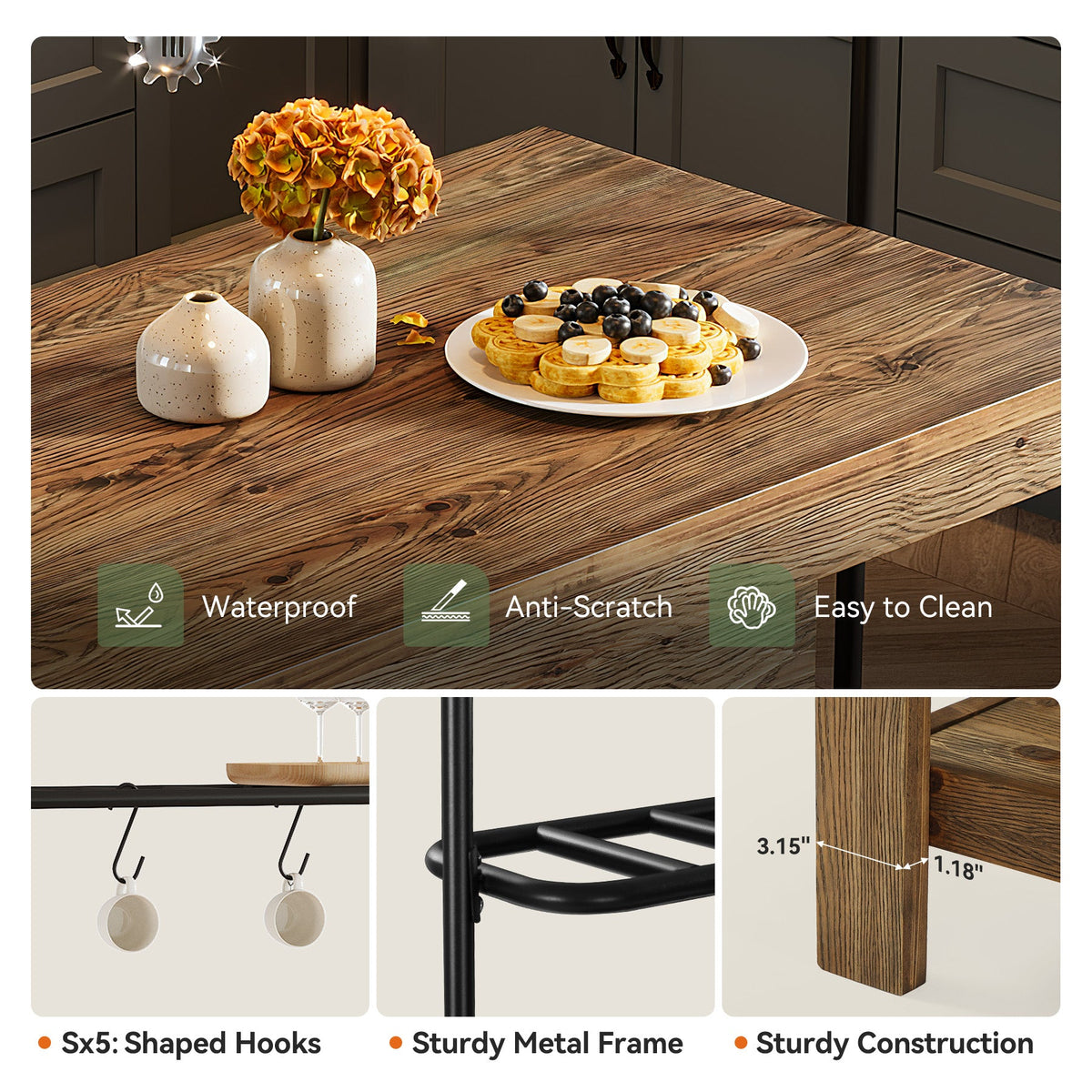 47" Solid Wood Kitchen Island Table with Storage and 5 Hooks