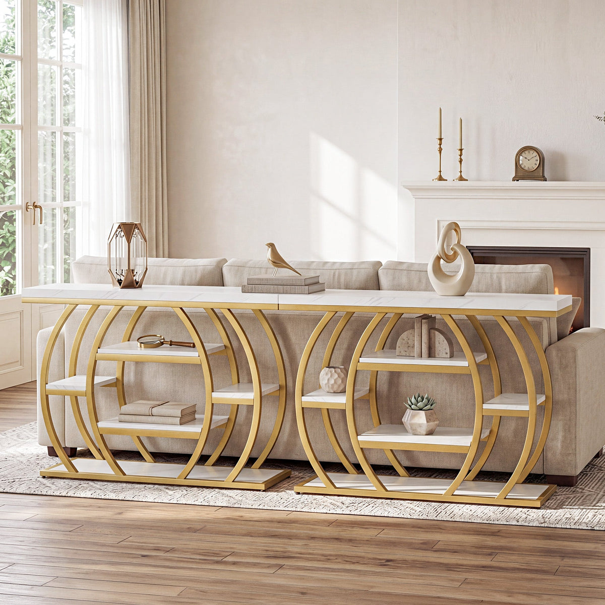 41" Gold Entryway Console Table with Faux Marble Top, Narrow Sofa Table with 5-Tier Storage Shelves