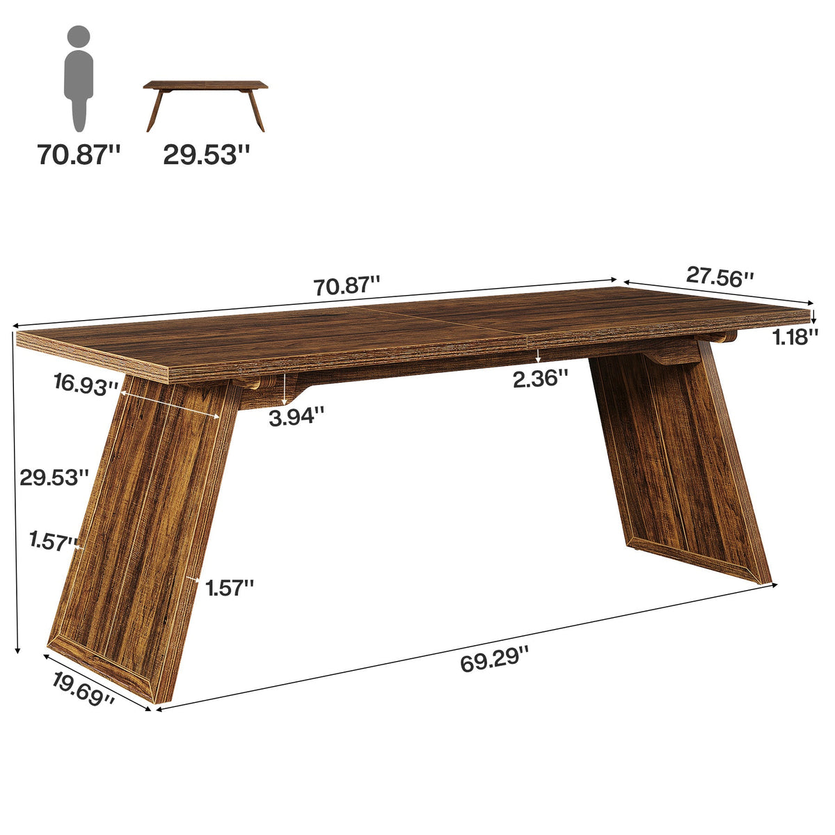 70.87" Executive Desk, Large Office Computer Desk with Slanted Legs