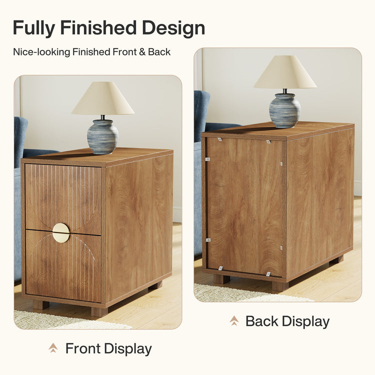 2-Drawer Nightstand, Narrow Bedside Table with Gold Metal Handle