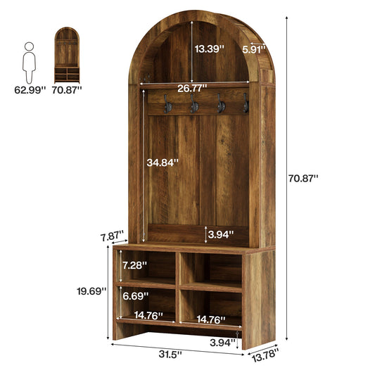 70.87“ Hall Tree, Arched Coat Rack with Bench and Shoe Storage