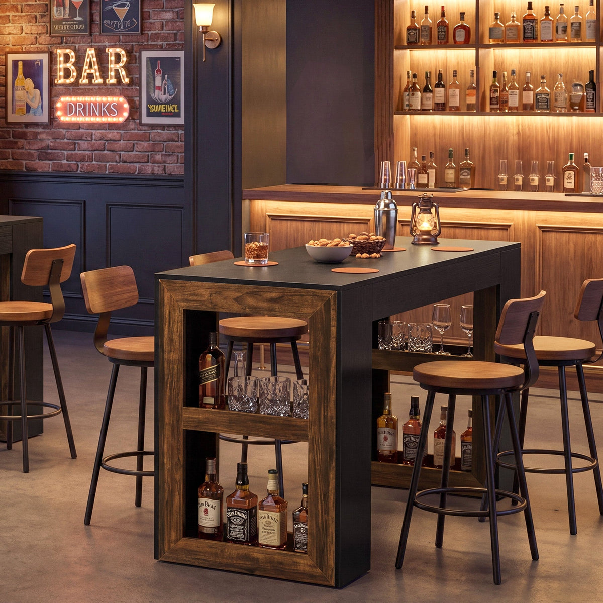 63" Counter Height Bar Table with Storage Shelves, Industrial Pub Table for Kitchen, Dining Room & Home Bar