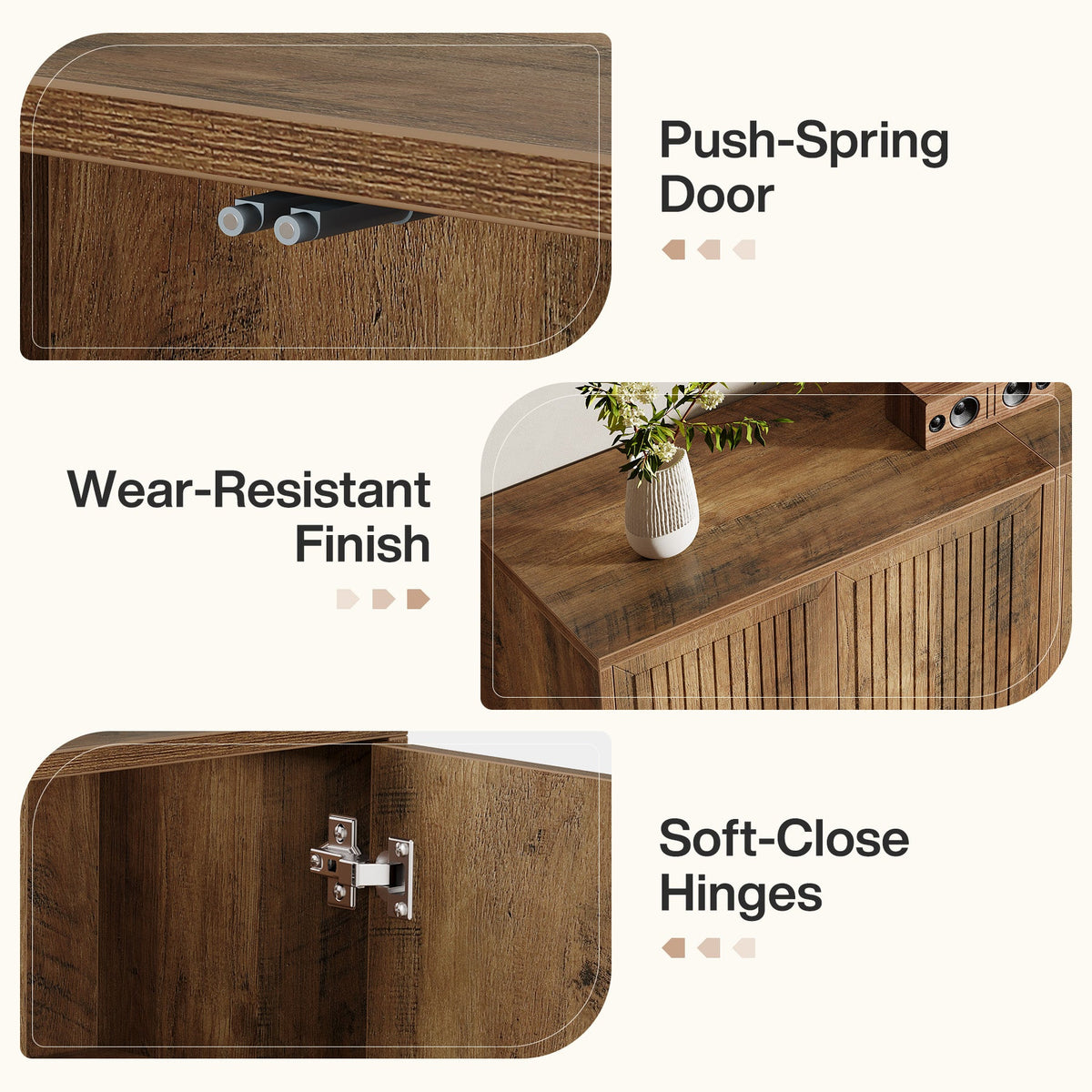 Fluted Sideboard Buffet Cabinet with Adjustable Shelves & 4 Push-Spring Doors