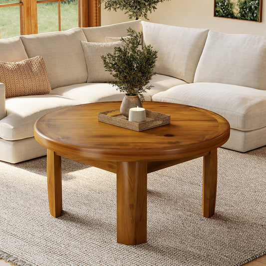 Solid Wood Round Coffee Table, 31.5" Mid Century Modern Center Tea Table