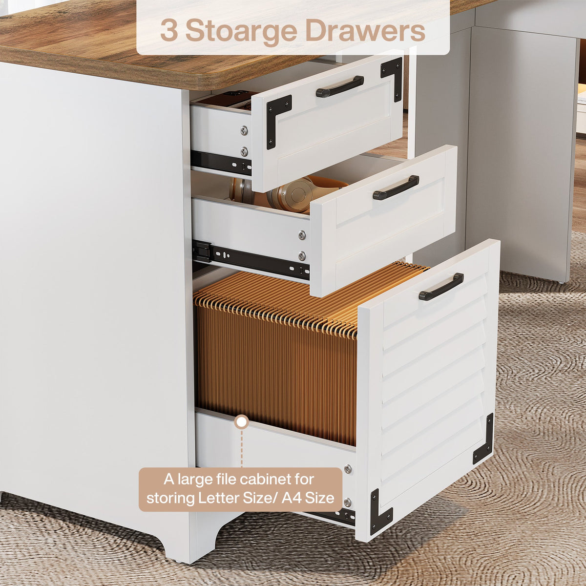 L-Shaped Executive Desk, 59" Computer Desk with Drawers & Power Outlets