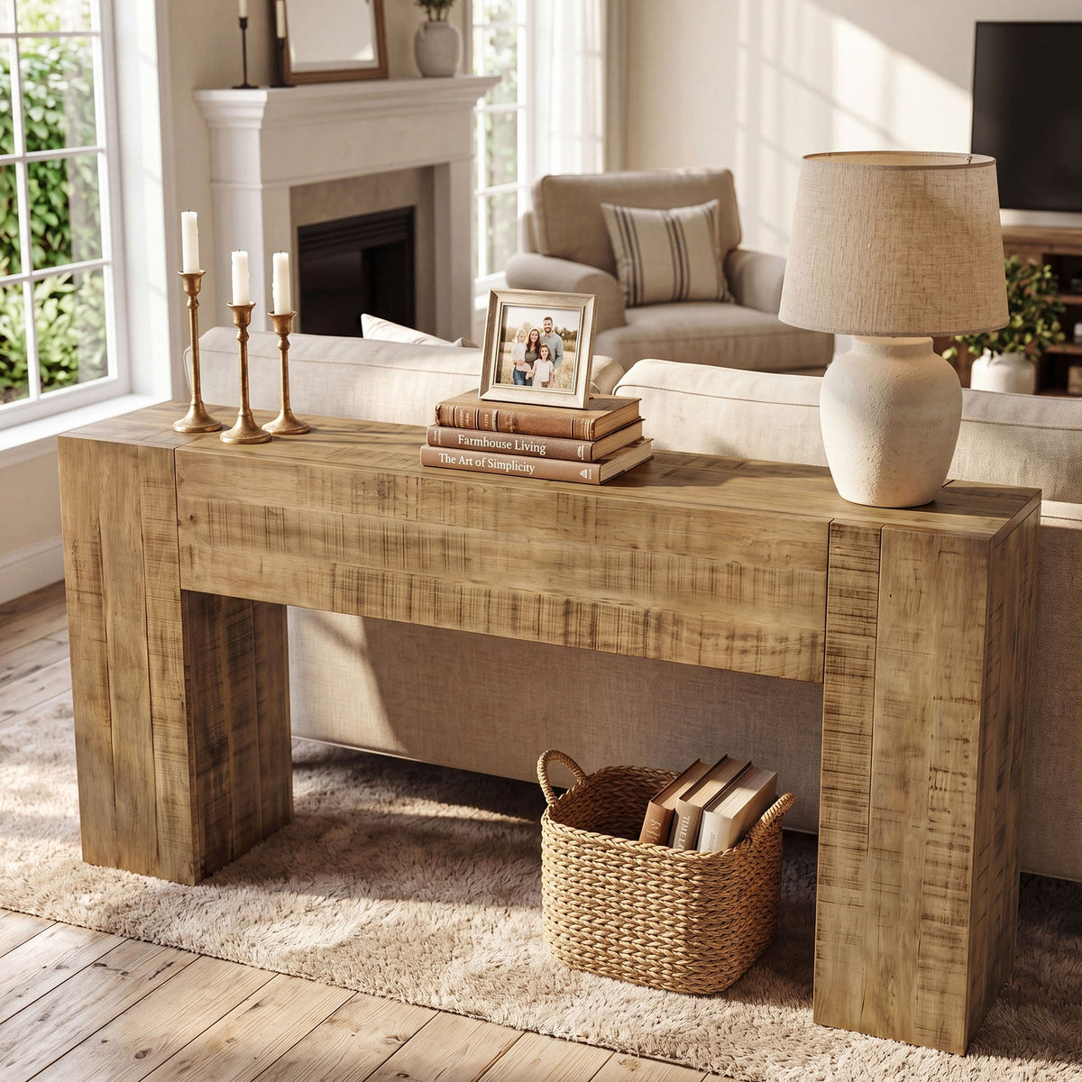 Solid Wood Console Table, 63" Farmhouse Sofa Table Behind Couch for Entryway