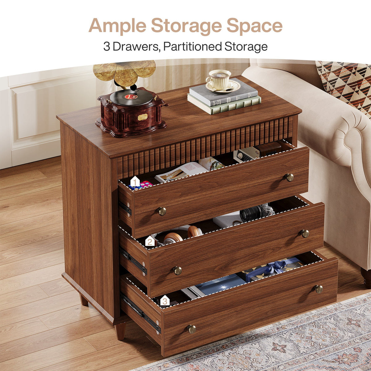 Nightstand with 3 Drawers, 31.5" Oversized Bedside Table with Mental Handles