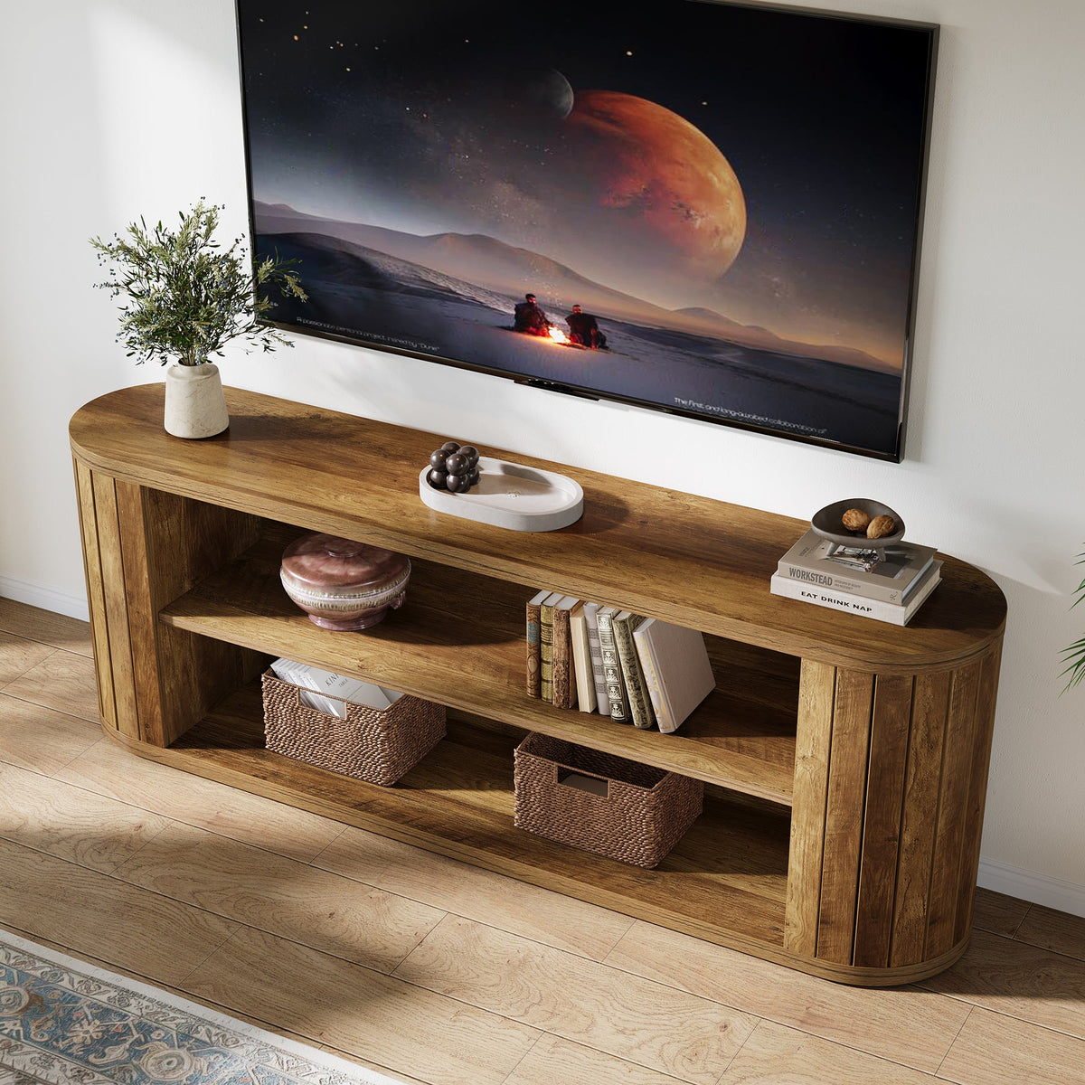 63" TV Stand, Farmhouse Entertainment Center with 3-Tier Storage Shelf